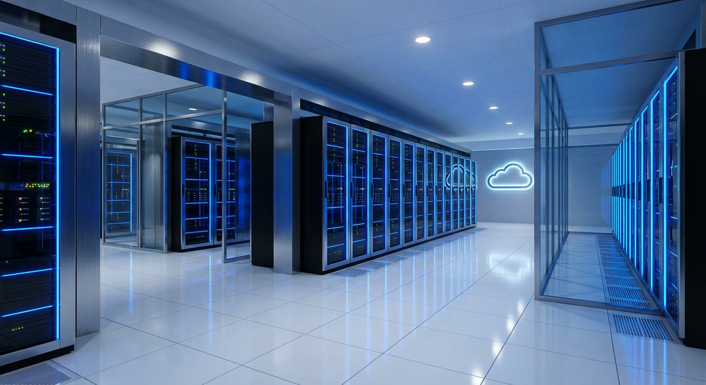 Modern cloud datacenter met serverracks en blauwe verlichting